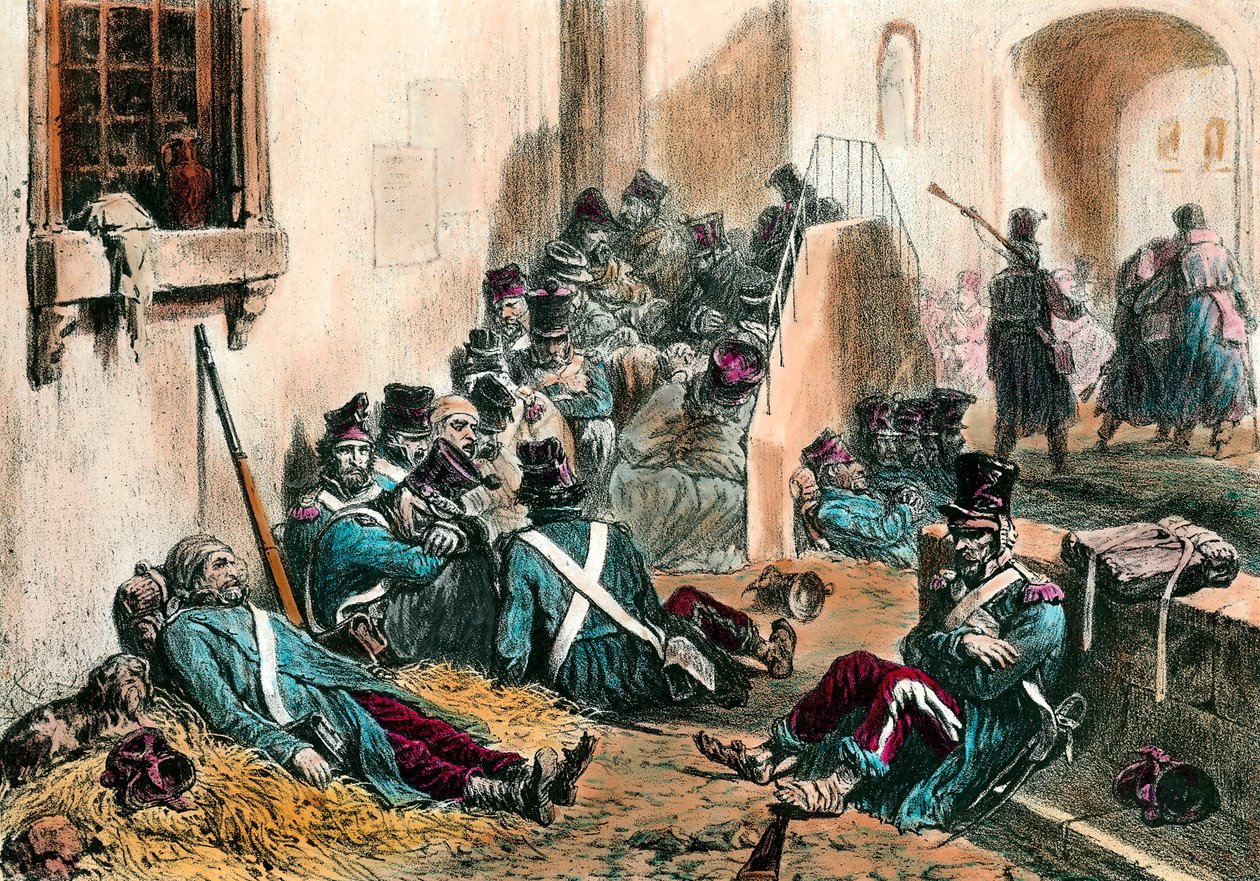 Tífusz a napóleoni háborúk idején A francia hadsereg katonái betegség okozta láztól szenvednek. Denis Auguste Raffet (1804-1860) metszete 19. század. Magángyűjtemény alkotó: Denis Auguste Marie Raffet
