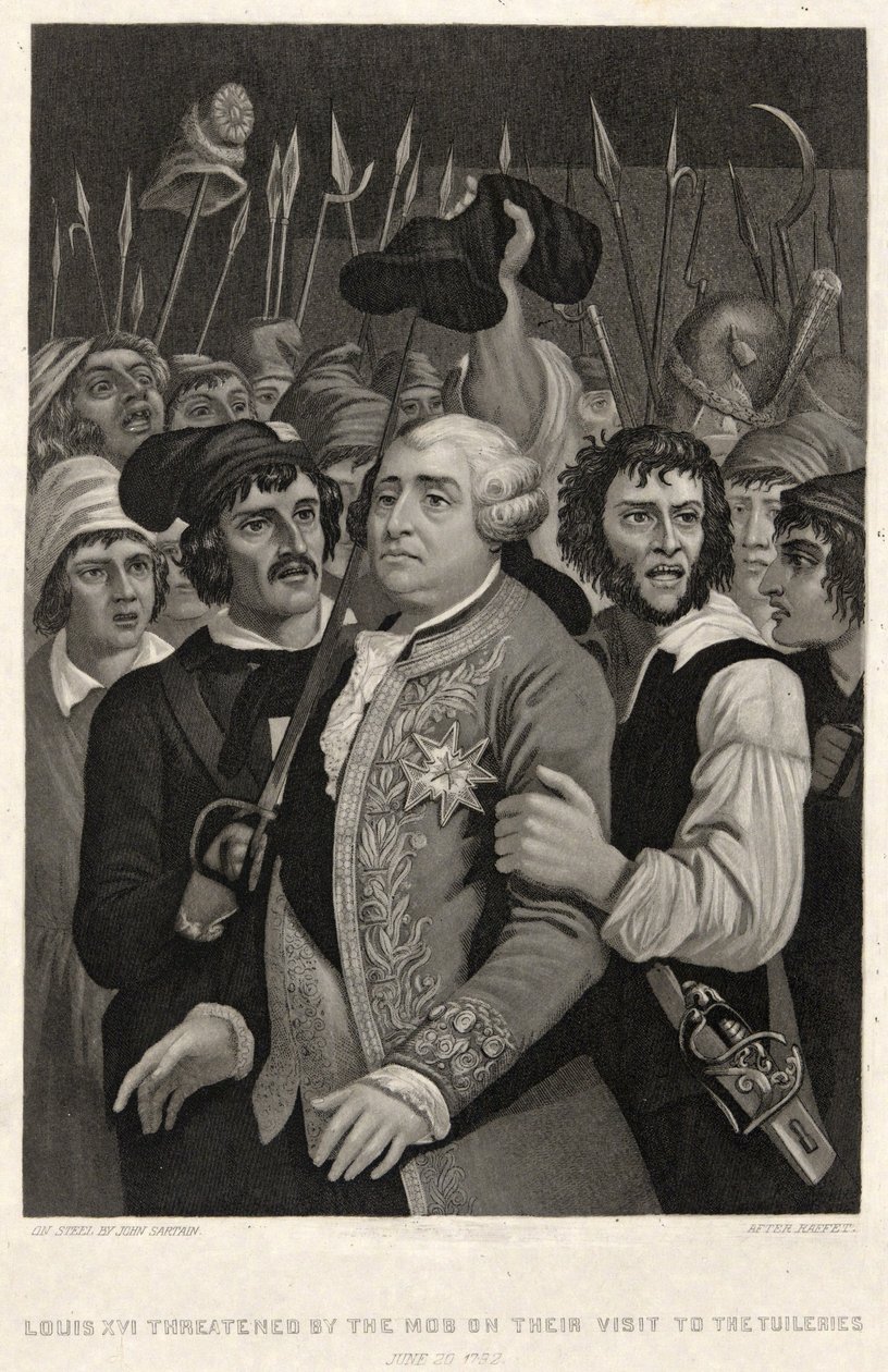 XVI. Lajost a csőcselék megfenyegette 1792. június 20-án, a tuileriákban tett látogatásuk során, John Sartain metszetével (metszet) alkotó: Denis Auguste Marie (after) Raffet