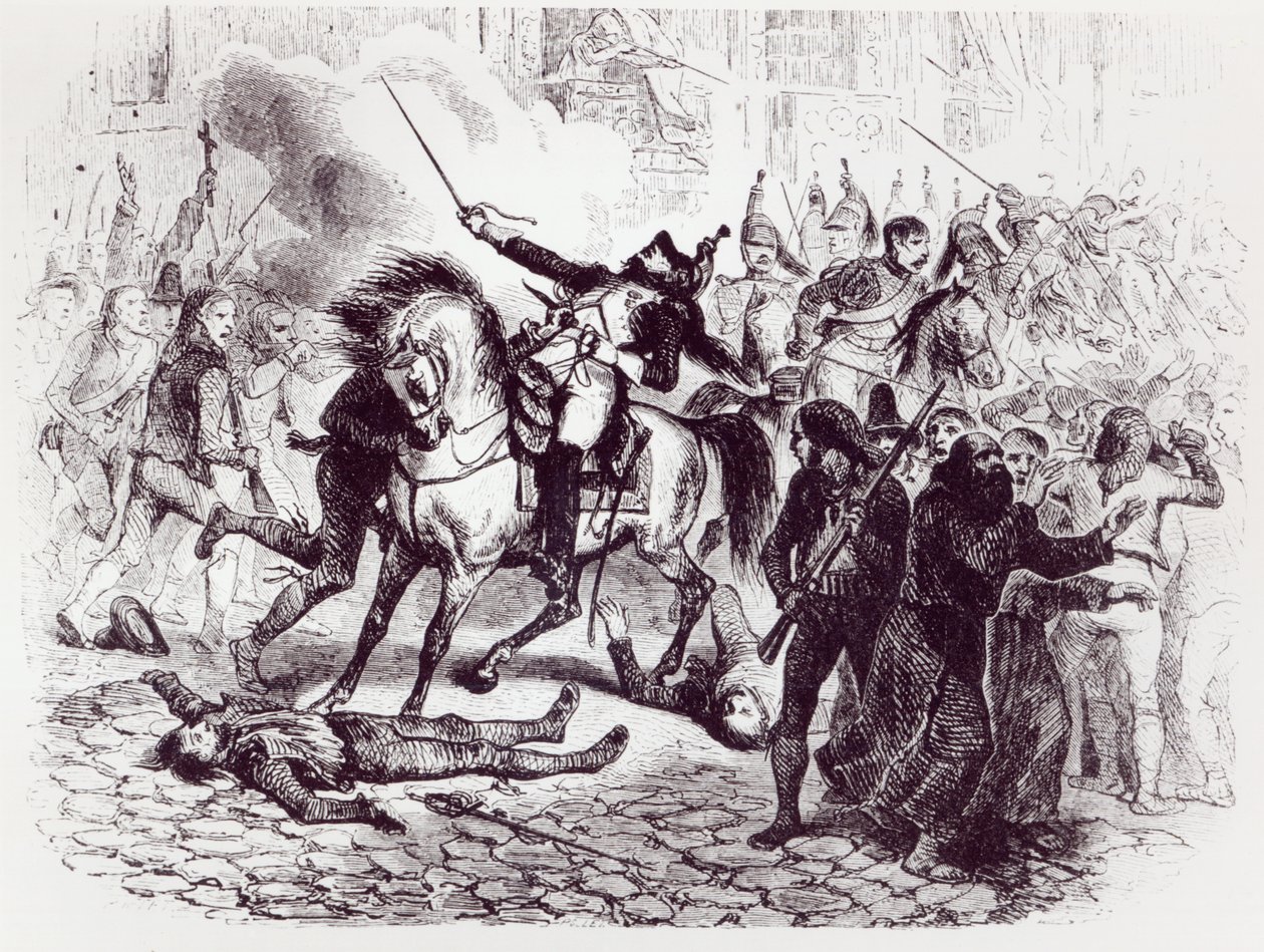 1808. május 2., felkelés Madridban, M. de Norvins „Histoire de Napoleon” című művéből, 1839 alkotó: Denis Auguste Marie Raffet
