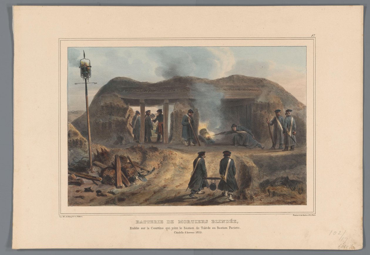 Afschieten van een mortar, 1832 Páncélos aknavető üteg, amelyet a Courtine-on helyeztek el, amely a Toledo-bástyát a Pacioto-bástyával köti össze (cím az objektumon) Raffet rajzai a természetből az antwerpeni fellegvár ostrománál (a sorozat címe a tárgyon) alkotó: Denis Auguste Marie Raffet