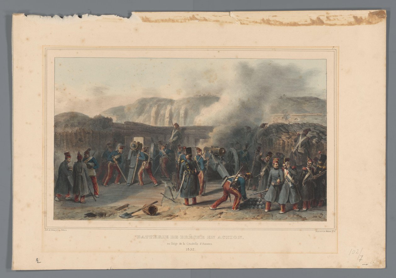 Beschieting van de Citadel, 1832 Az akkumulátor megsérül működés közben (cím a tárgyon) Raffet rajzai az antwerpeni fellegvár ostromának életéből (sorozat címe a tárgyon) alkotó: Denis Auguste Marie Raffet