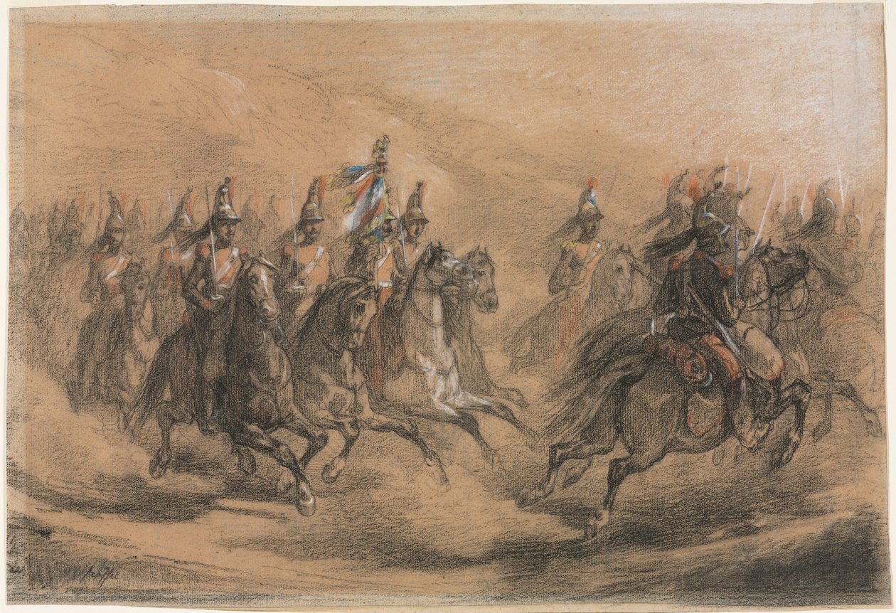 Lovassági roham, 1840 körül (fekete, piros, sárga, kék és fehér kréta) alkotó: Denis Auguste Marie Raffet