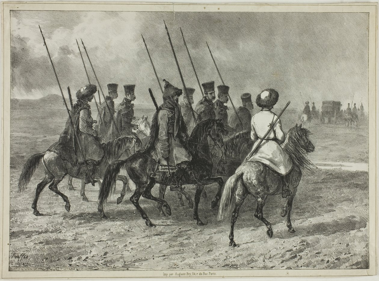 Kozák kíséret Kuban határáig, Taman (Közép-Oroszország), 1837. október 11. alkotó: Denis Auguste Marie Raffet