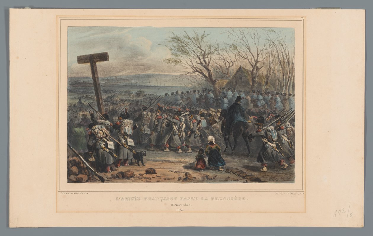 Francia leger rukt op, 1832 A francia hadsereg átlépi a határt (cím a tárgyon) Raffet rajzai az antwerpeni fellegvár ostromának életéből (sorozat címe a tárgyon) alkotó: Denis Auguste Marie Raffet