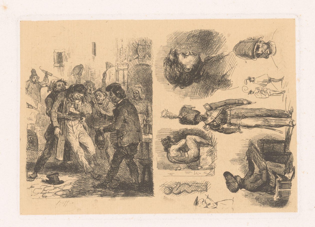 Férficsoport, mellette egy katonát tartalmazó kompozíció croquis; Scenes de la Revolution alkotó: Denis Auguste Marie Raffet