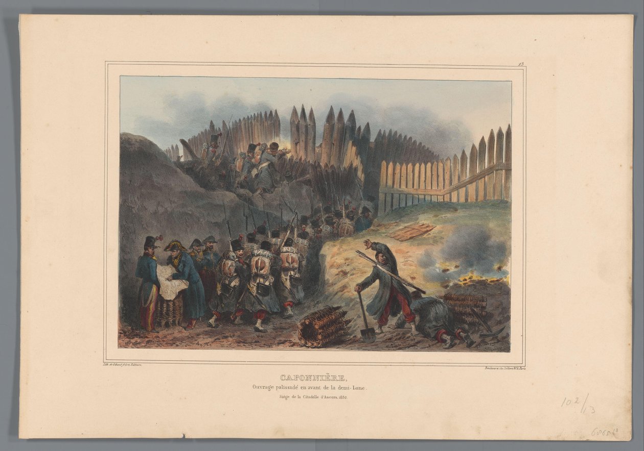 Csoportos katonatúra ajtaja és nyílás in de palisade, 1832 Caponier, palástolt munka a félhold előtt (cím a tárgyon) Raffet rajzai a természetből az antwerpeni fellegvár ostrománál (a sorozat címe a tárgyon) alkotó: Denis Auguste Marie Raffet