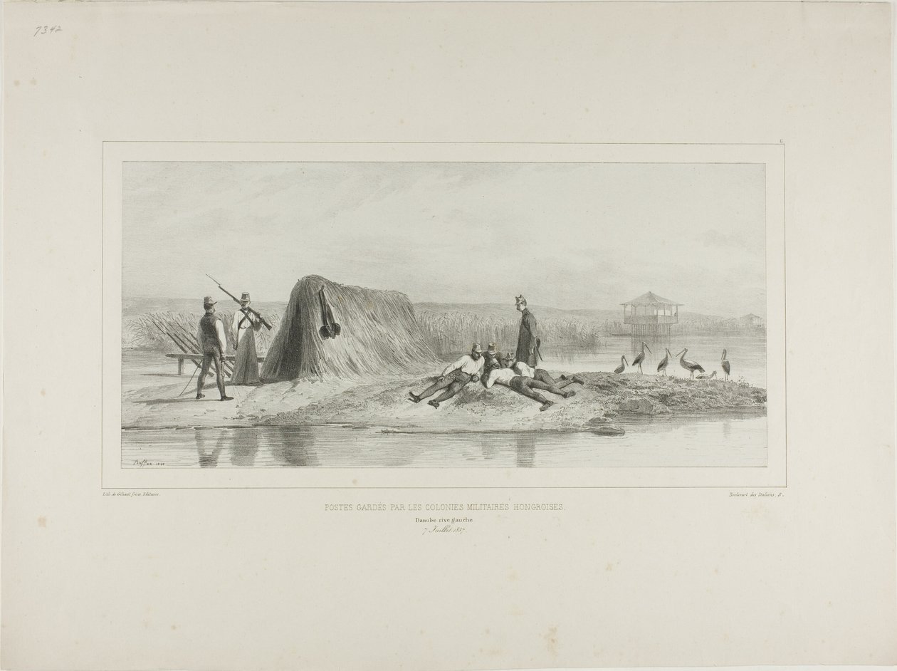 A magyar katonai telepek őrhelye, Duna bal part, 1837. július 7. alkotó: Denis Auguste Marie Raffet