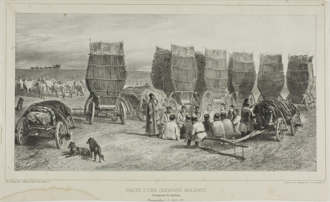 Egy szénszállító moldáv karaván megállóhelye, Besszarábia, 1837. augusztus 5. alkotó: Denis Auguste Marie Raffet