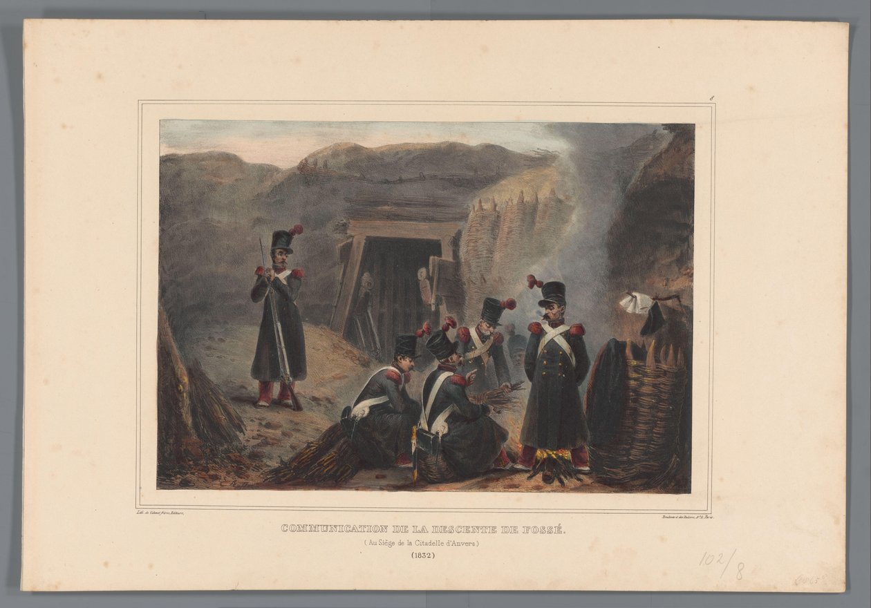 Katonai bij een mijngang, 1832 Kommunikáció az árok ereszkedéséről (cím az objektumon) Raffet rajzai az antwerpeni fellegvár ostromának életéből (sorozat címe a tárgyon) alkotó: Denis Auguste Marie Raffet
