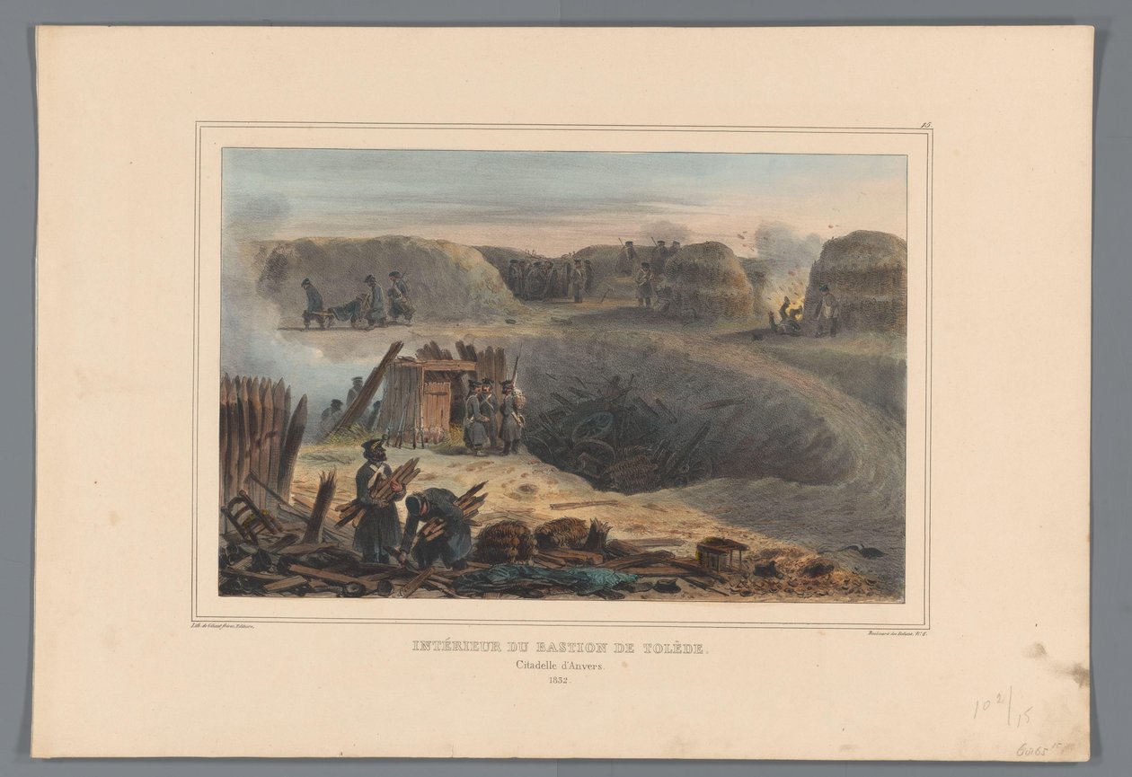 Militairten binnen een bastion, 1832 Toledo bástyájának belseje (cím az objektumon) Raffet rajzai az antwerpeni fellegvár ostromának életéből (sorozat címe a tárgyon) alkotó: Denis Auguste Marie Raffet