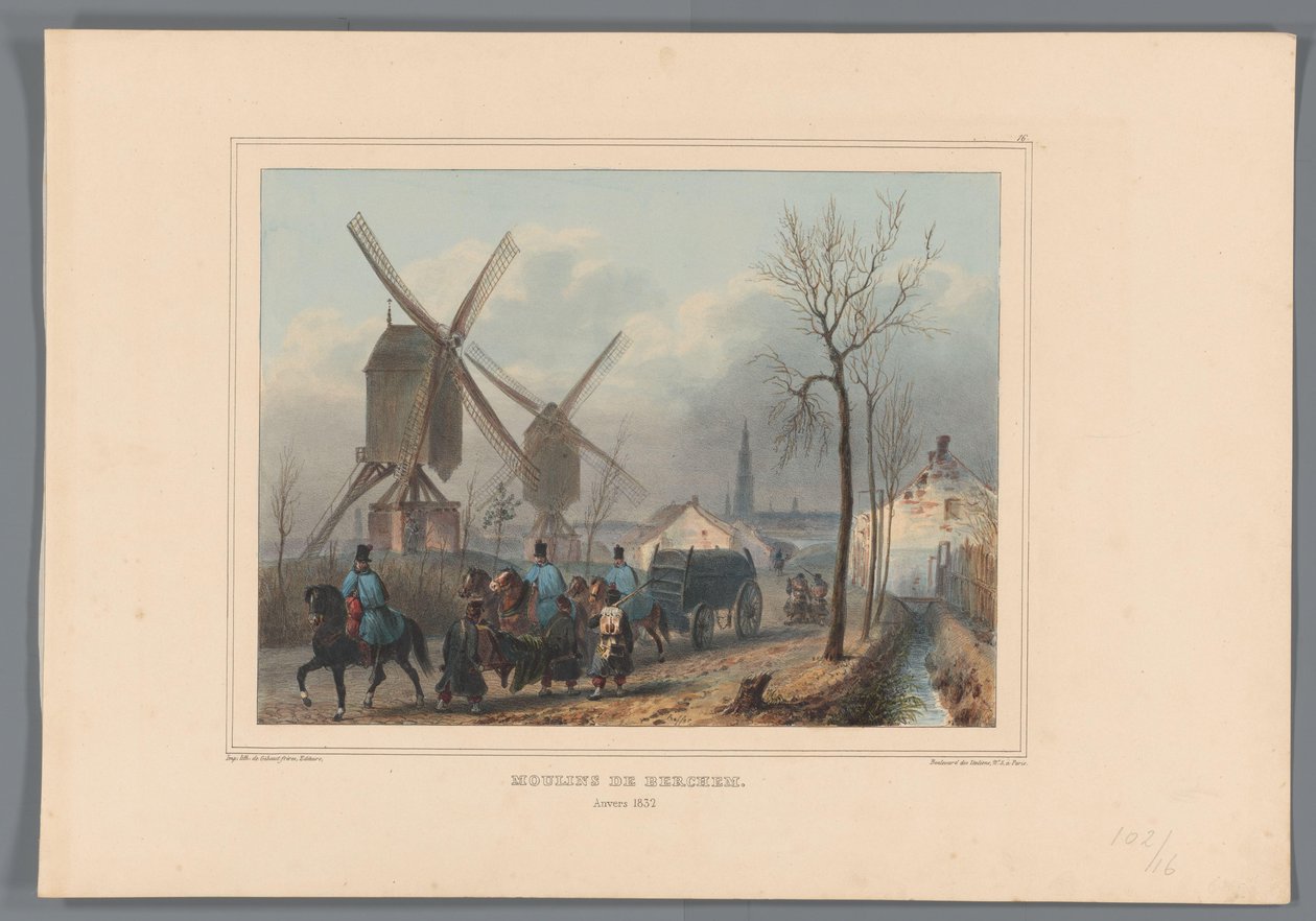 Molens van Berchem, 1832 Berchem szélmalmai (cím a tárgyon) Raffet rajzai az antwerpeni fellegvár ostromának életéből (sorozat címe a tárgyon) alkotó: Denis Auguste Marie Raffet