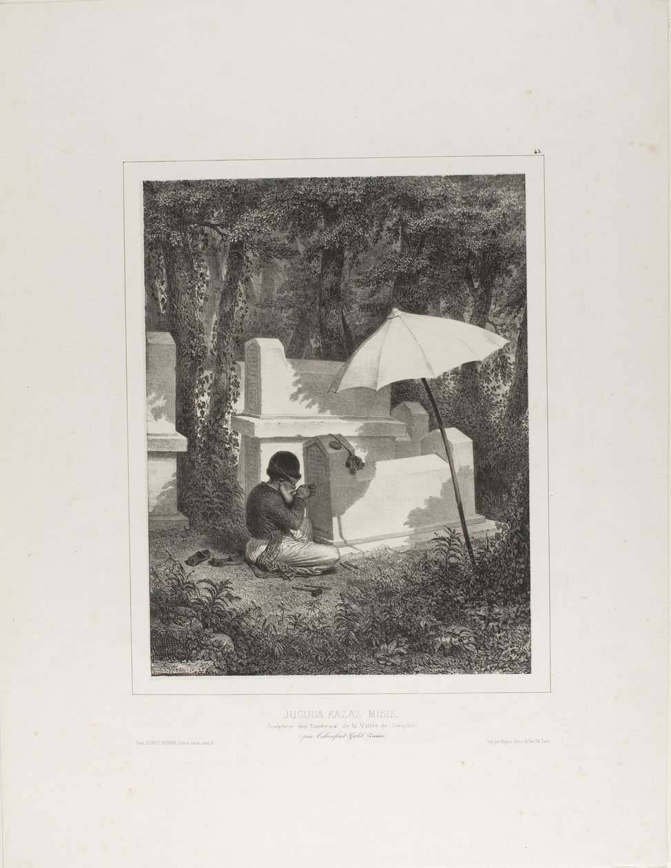 Juguda Kazaz, Misiz, sírszobrász portréja munka közben a Josaphat-völgyben, Tchioufout-Galeh közelében, Krím-félszigeten. alkotó: Denis Auguste Marie Raffet