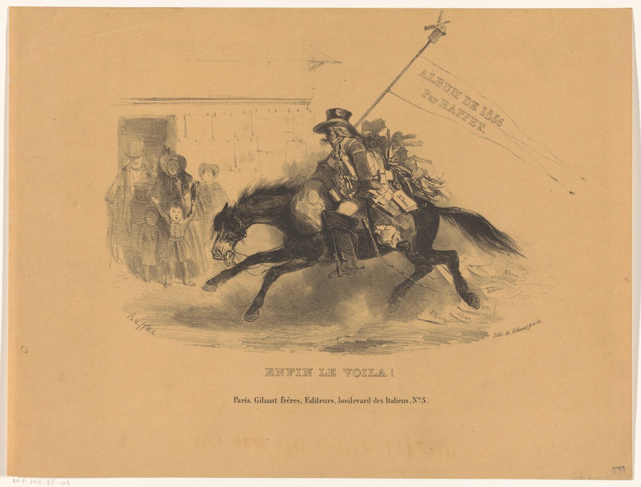 Postillion lóháton Végre le voila! (cím a tárgyon) Album de 1836 (sorozat címe az objektumon) alkotó: Denis Auguste Marie Raffet