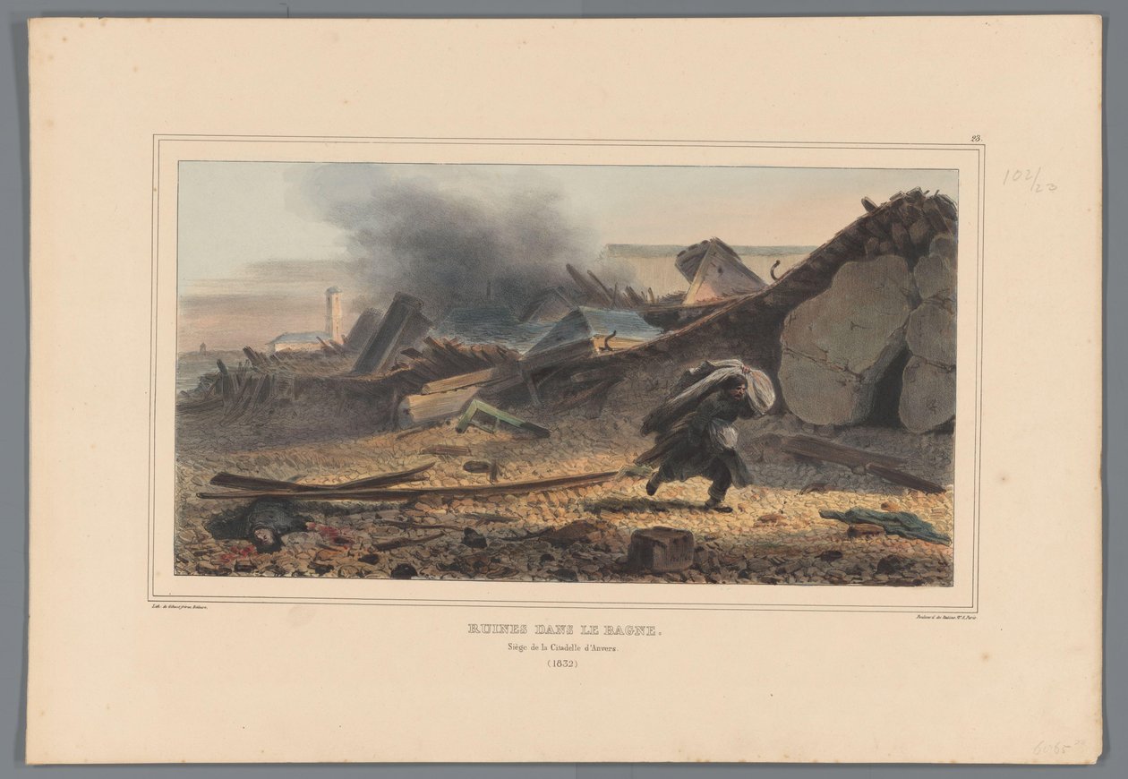 Romok, 1832 Romok a Bagnéban (cím a tárgyon) Raffet rajzai az antwerpeni fellegvár ostromának életéből (sorozat címe a tárgyon) alkotó: Denis Auguste Marie Raffet