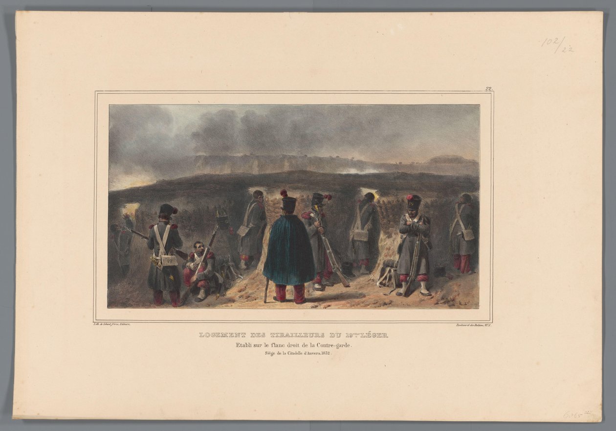 Schutterek borstweringet vásárolnak, 1832 A 19. lámpa csatárainak háza (cím a tárgyon) Raffet rajzai az Antwerpeni Citadella főhadiszállásának életéből (cím a tárgyon) alkotó: Denis Auguste Marie Raffet