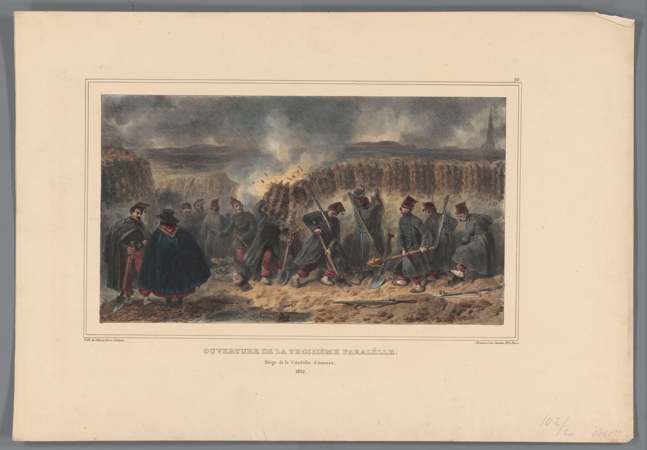 Soldaten graben een loopgraaf, 1832 A harmadik párhuzam megnyitása (cím az objektumon) Raffet rajzai a természetből az antwerpeni fellegvár ostrománál (a sorozat címe a tárgyon) alkotó: Denis Auguste Marie Raffet
