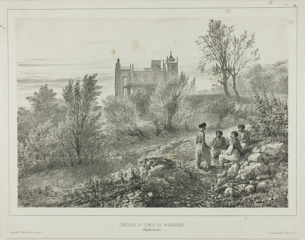 Woronzoff gróf kastélya, Aloupka, Krím, 1837. augusztus 12. alkotó: Denis Auguste Marie Raffet