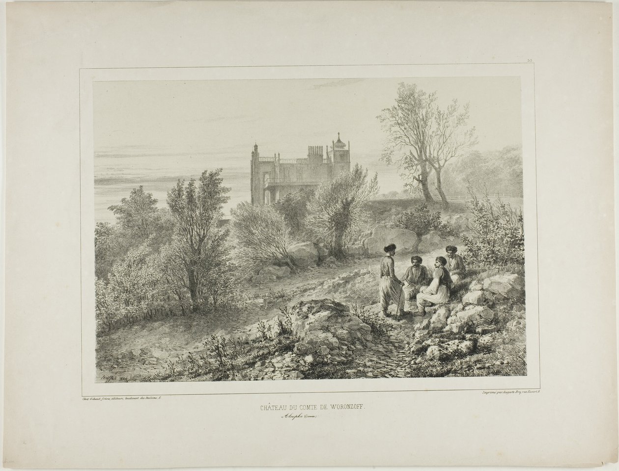 Woronzoff gróf kastélya, Aloupka, Krím, 1837. augusztus 12. alkotó: Denis Auguste Marie Raffet