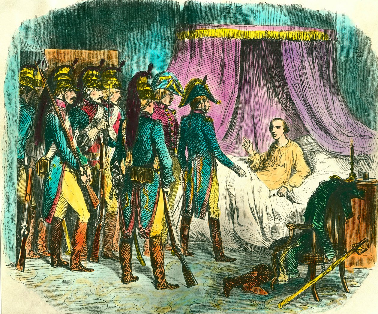 Louis Antoine Henri de Bourbon, Enghien hercege (1772-1804) letartóztatása bizonyíték nélkül gyanúsítható, hogy összeesküvést szőttek Napóleon Bonaparte első konzul ellen. Denis Auguste Raffet (1804-1860) metszete 19. század. Magángyűjtemény alkotó: Denis Auguste Marie Raffet