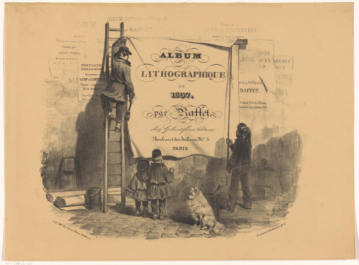 Két férfi plakátot ragasztott a falhoz Album lithographique de 1837 (sorozat címe az objektumon) alkotó: Denis Auguste Marie Raffet