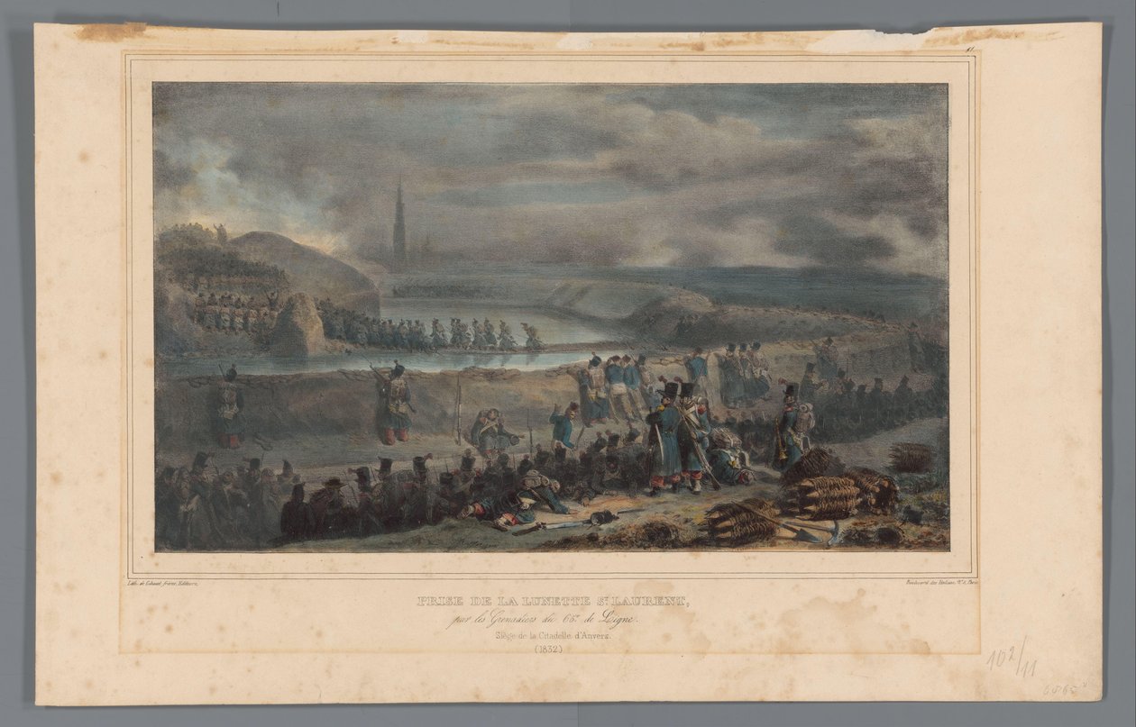 Verovering van de lunette St. Laurent, 1832 A St. Laurent keret elvétele a 65. vonal gránátosai által (cím a tárgyon) Raffet rajzai az antwerpeni fellegvár ostromának életéből (sorozat címe a tárgyon) alkotó: Denis Auguste Marie Raffet