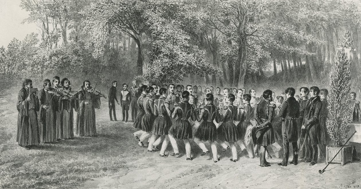 Vallachiai kör, a cigányok előadásában és a második ezred zenészei által táncolva Ghika herceg otthonában, Ghospodar, Vallachia, 1839. alkotó: Denis Auguste Marie Raffet