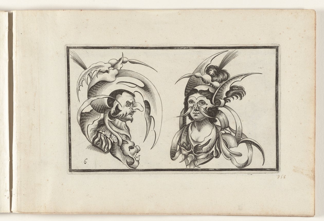 Férfi és női fejek groteszk kalappal és gallérral Fejfedők (sorozat címe) Ouvrage rare et nouveau, contenant plusieurs desseins de merveilleuse recreation sous diverses caprices et gentillesses representees en l