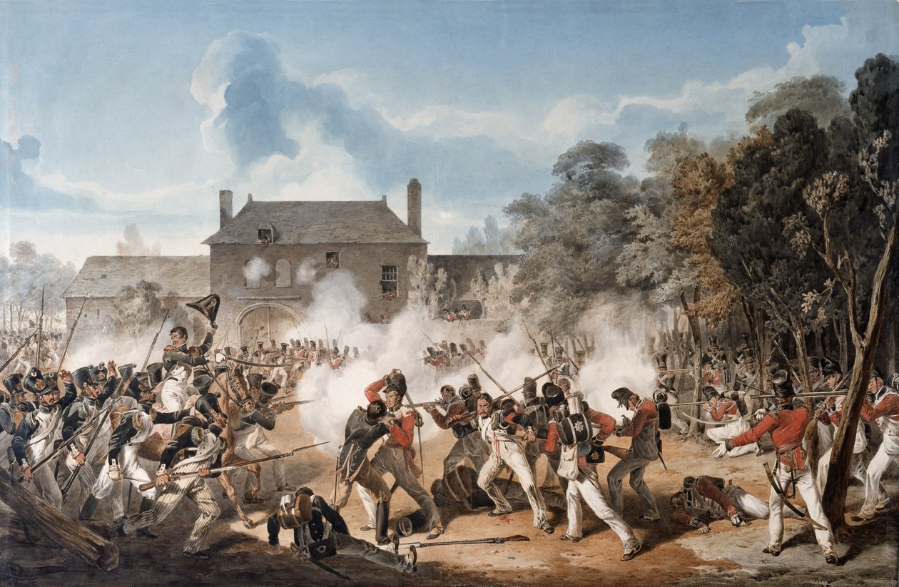 A Chateau de Hougoumont védelme a szárnytársaság által, a Coldstream Guards 1815, 1815 alkotó: Denis Dighton