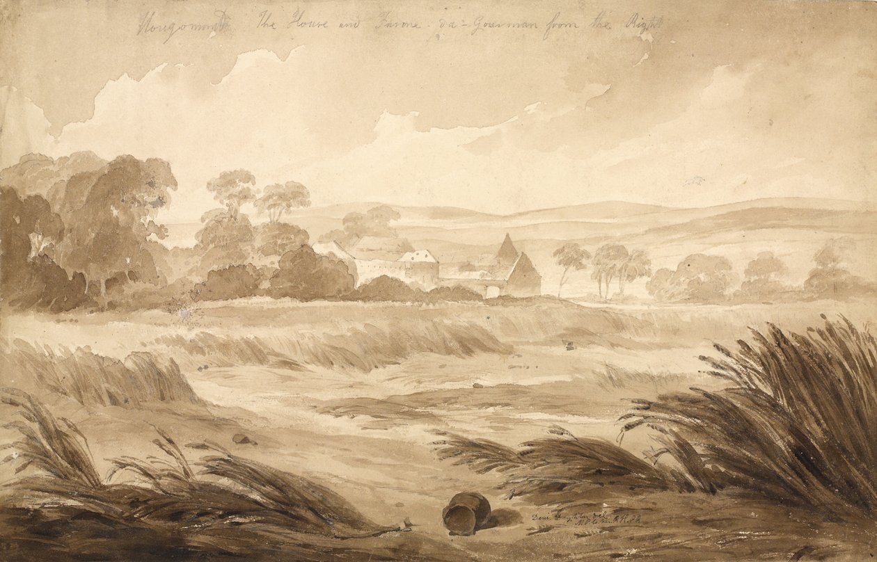 "No 1 Hougoumont The House and ferme du - Gourmand jobbról", 1815 (wc és ceruza papíron) alkotó: Denis Dighton