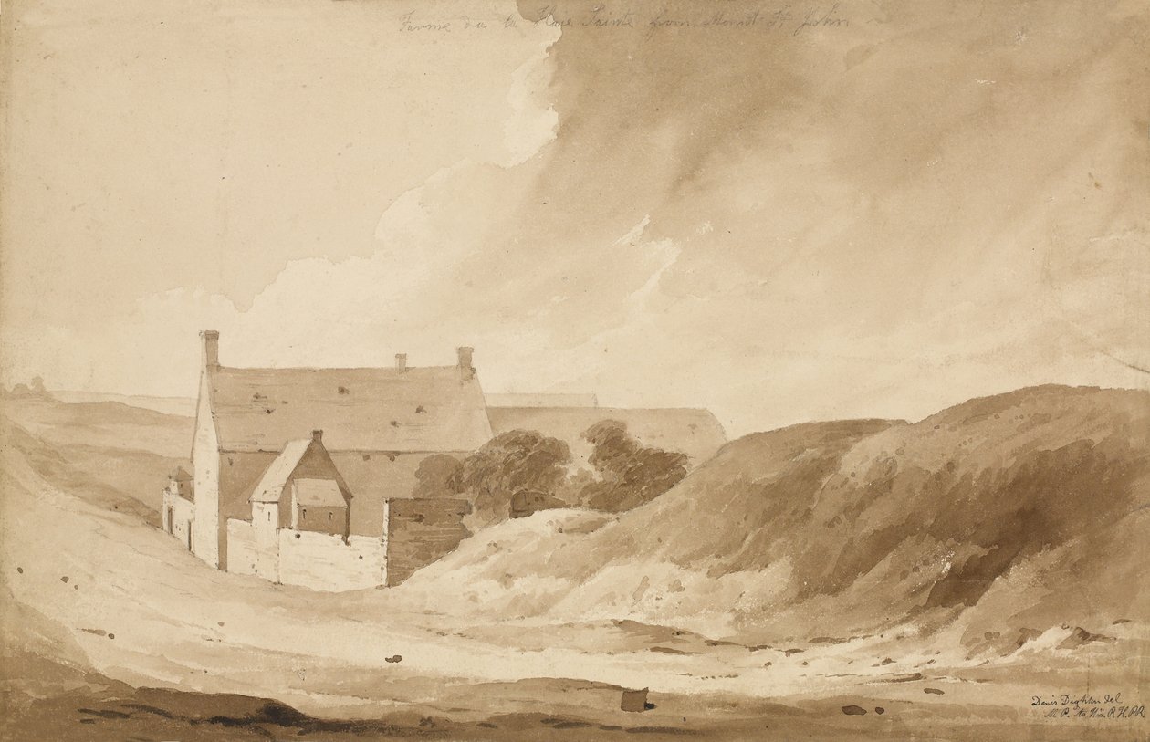 "No 8 Farme de la Haie Sainte from Mount St John", 1815 (wc és ceruza papíron) alkotó: Denis Dighton