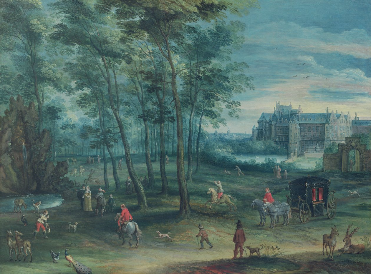 A brüsszeli helyettes palota parkja elegáns társasággal egy szökőkút mellett, 1600 körül (olaj, réz) alkotó: Denys van Alsloot