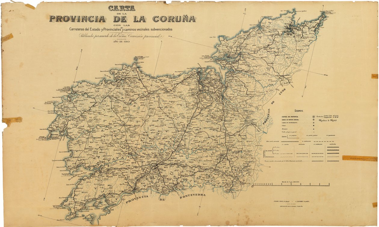 A Coruña tartomány térképe állami és tartományi utakkal, valamint támogatott környező utakkal. Megjelent őexcellenciájának egyetértésével. Tartományi Bizottság alkotó: Deputación da Coruña
