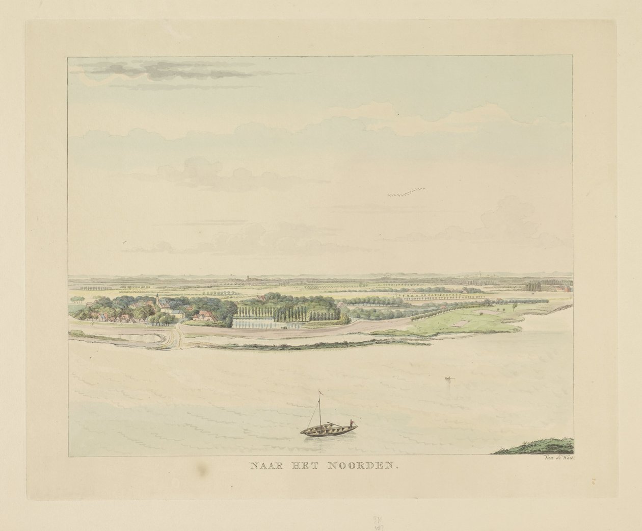 Kilátás a Waalra Nijmegentől északra Északra (cím a tárgyon) Nijmegen városának látnivalói (sorozat címe) Geldersch-panoráma vagy körkép az életről a nymegeni kilátón (sorozat címe) alkotó: Derk Anthony van de Wart
