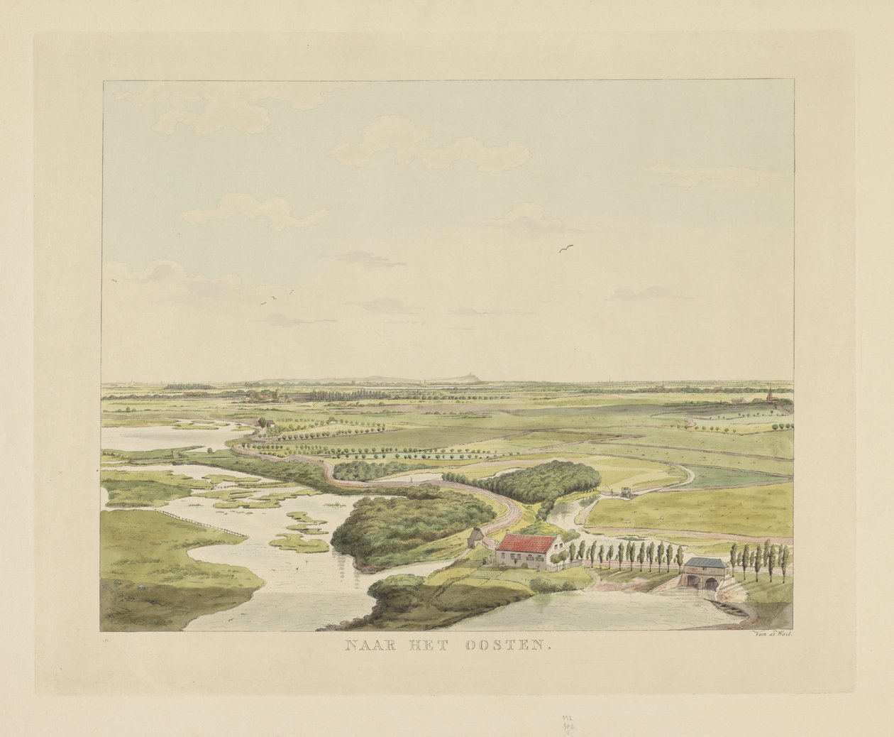 Kilátás a tájra Nijmegentől keletre Kelet felé (cím a tárgyon) Nijmegen városának látnivalói (sorozat címe) Geldersch-panoráma vagy körkép az életről a nymegeni kilátón (sorozat címe) alkotó: Derk Anthony van de Wart