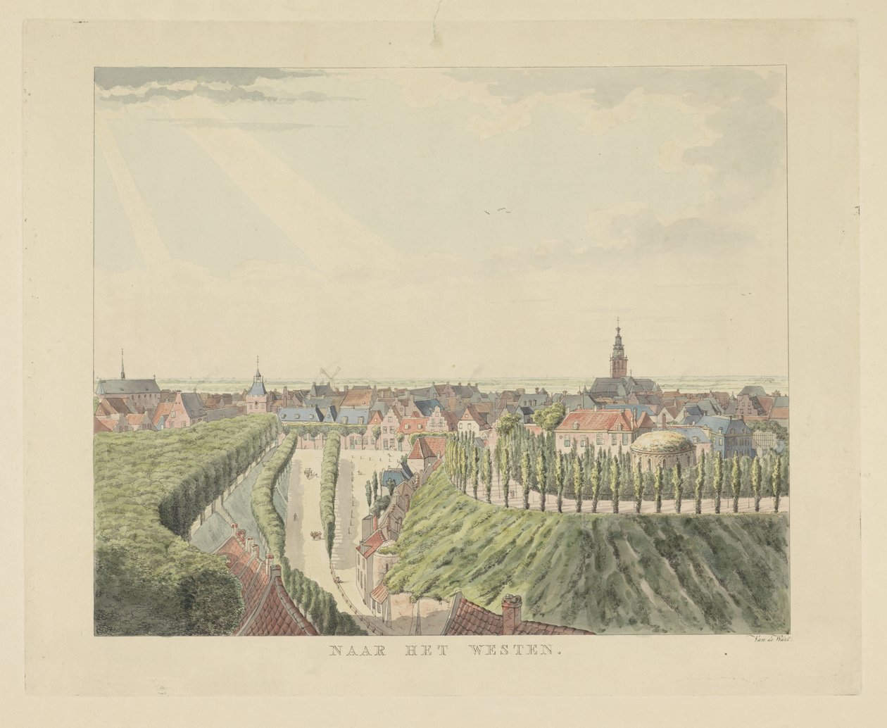 Nijmegen, kilátás a Belvédère felől nyugat felé Nyugatra (cím a tárgyon) Nijmegen városának látnivalói (sorozat címe) Geldersch-panoráma vagy körkép az életről a nymegeni kilátón (sorozat címe) alkotó: Derk Anthony van de Wart