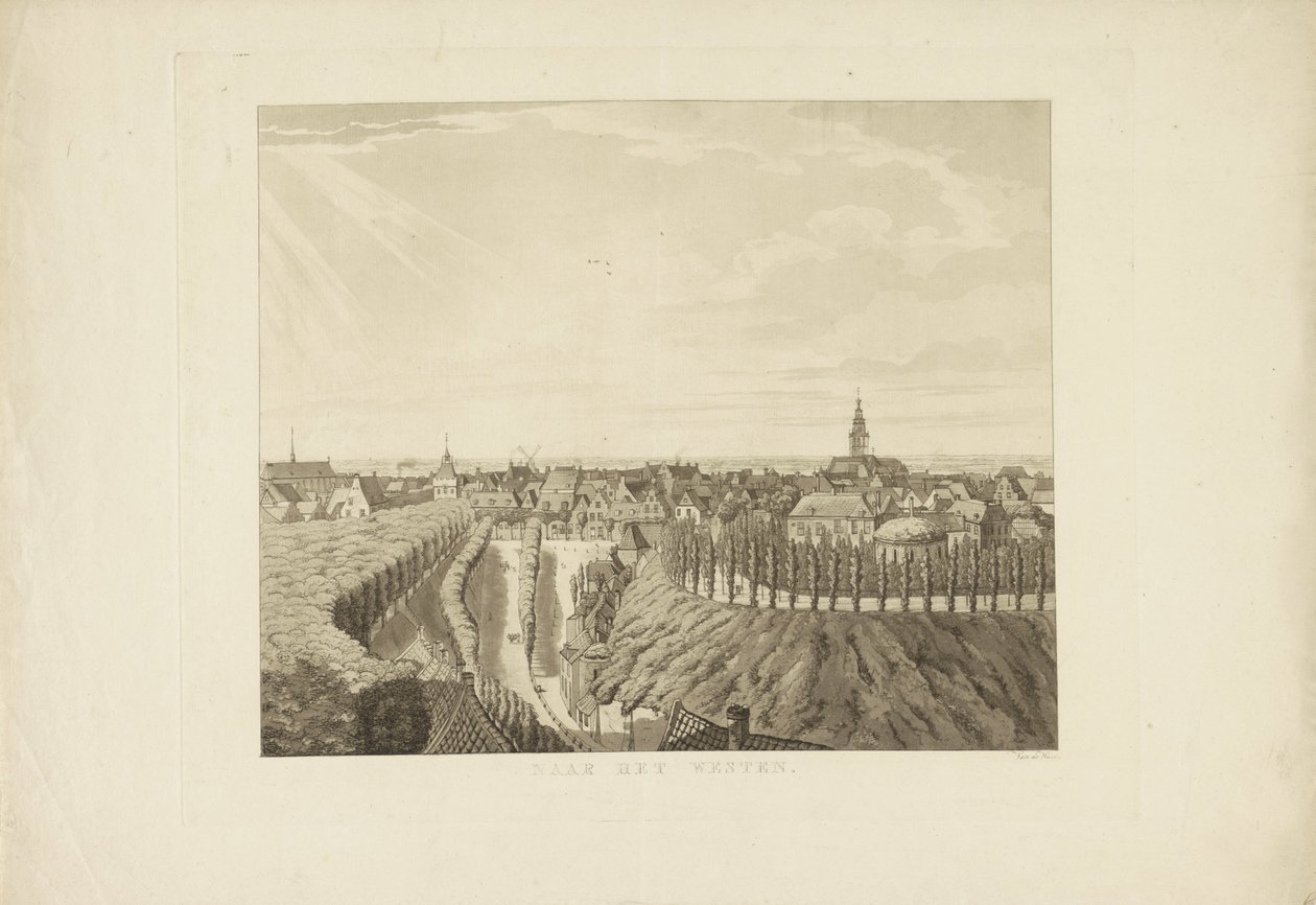 Nijmegen, kilátás a Belvédère felől nyugat felé Nyugatra (cím a tárgyon) Nijmegen városának látnivalói (sorozat címe) Geldersch-panoráma vagy körkép az életről a nymegeni kilátón (sorozat címe) alkotó: Derk Anthony van de Wart