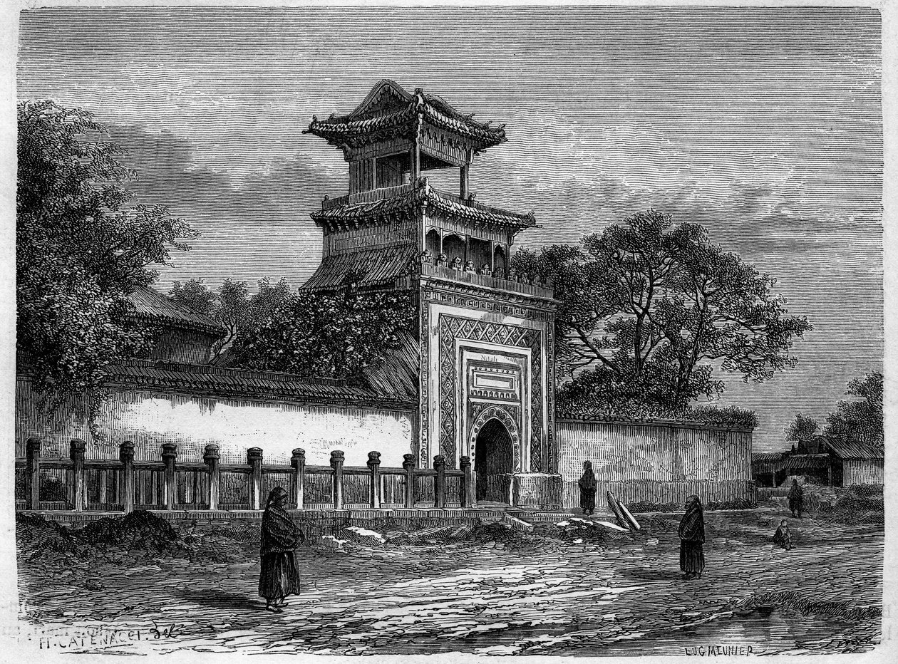 Mecset Pekinben (Peking) az 1870-es években. Metszet Deroy rajza nyomán, a „Le Tour du Monde, Nouveau Journal des Voyages” című kiadványban, szerkesztette Edouard Charton, Párizs alkotó: Deroy (after)