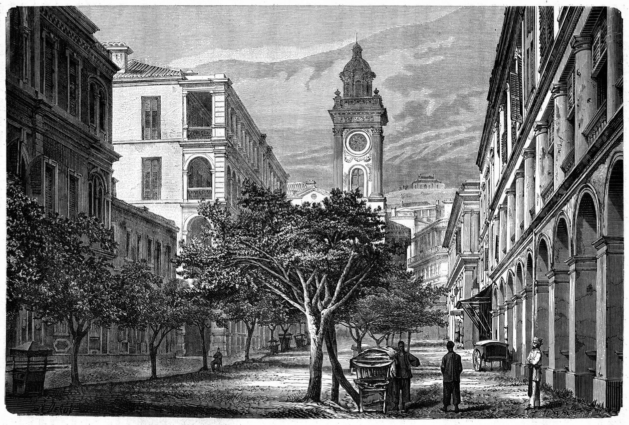 Kilátás a történelmi hongkongi óratoronyra. Metszet Deroy rajza után, in: "Le Tour du Monde, Nouveau journal des Voyages", szerkesztette Edouard Charton, Párizs. alkotó: Deroy (after)