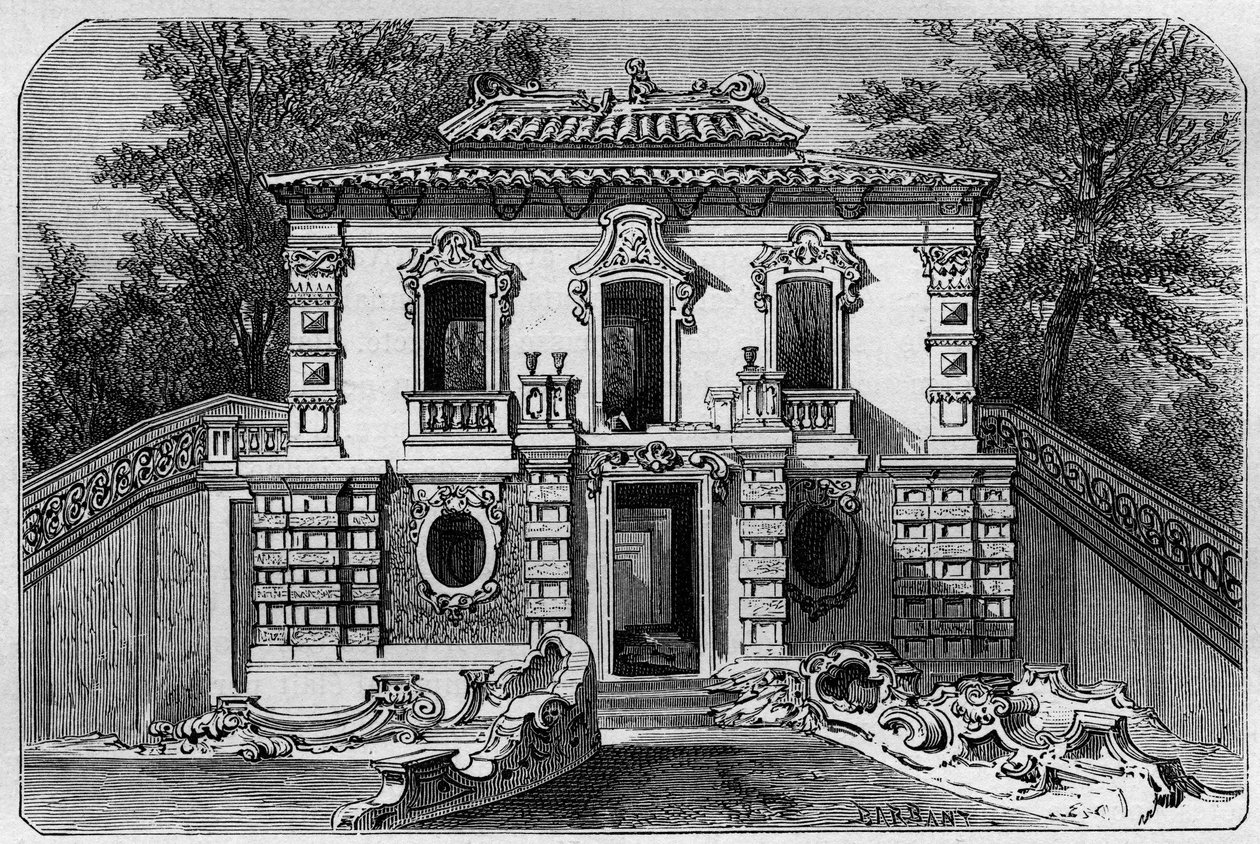 Yuanmingyuan Európai Palota, a tökéletes Clarte-kert az Ete-palotában Pekin közelében (Peking). Metszet Deroy rajza nyomán, a „Le Tour du Monde, Nouveau Journal des Voyages” című kiadványban, szerkesztette Edouard Charton, Párizs alkotó: Deroy (after)