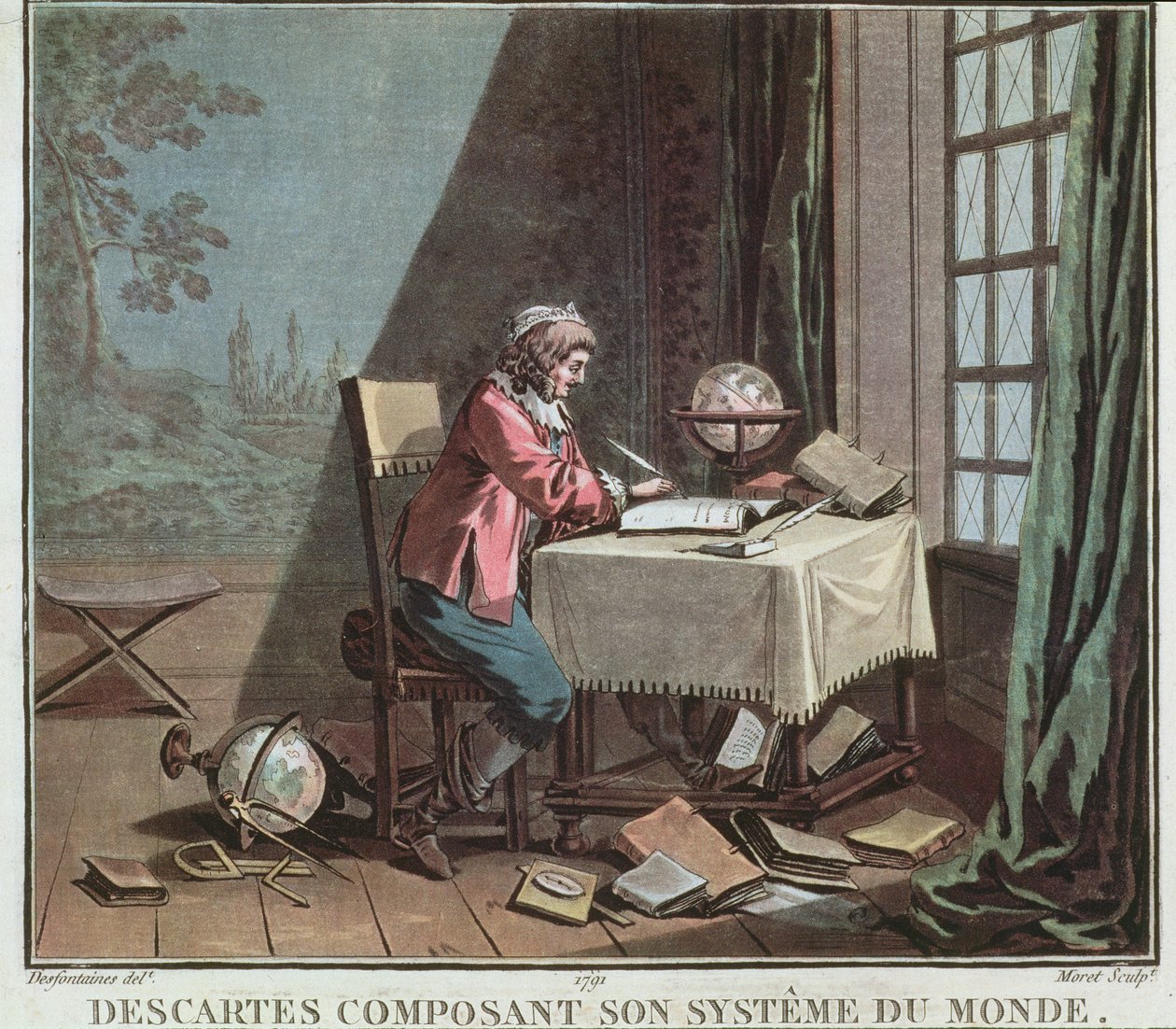 Rene Descartes (1596-1650) írja világrendszerét, Jean Baptiste Moret (1790-1820) metszete, 1791. alkotó: Desfontaines