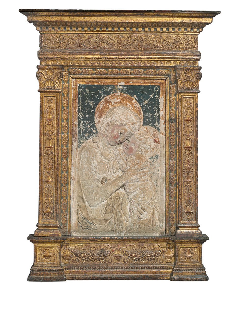 A Szűz és a Gyermek domborműve (aranyozott és polikróm stukkó) alkotó: Desiderio da Settignano (after)