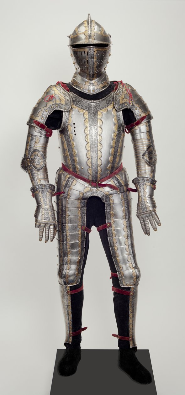 Field Armour, egy garnitúrából, valószínűleg Ludwig Ungnad von Weissenwolf auf Sunegg számára készült, 1552 körül (acél dombornyomott, maratott, feketített és aranyozott díszítéssel, modern sárgarézzel, bársonnyal, bőrrel és acéllal) alkotó: Desiderius Helmschmid