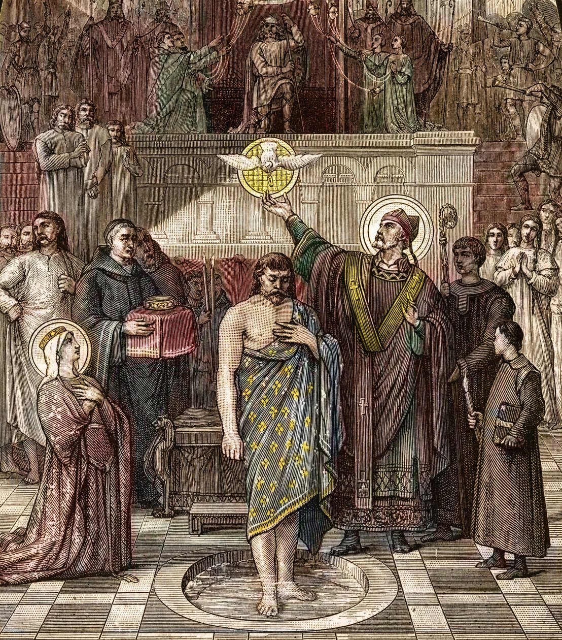 Szent Remigius megkereszteli Clovist Reimsben - I. Clovis Ferenc (466-511) királyának Reimsben megkeresztelkedése Saint Remi Éva által 496.12.25-én (vagy 499-én) - metszet Desire Francois Laugee festménye után alkotó: Desire Francois Laugee