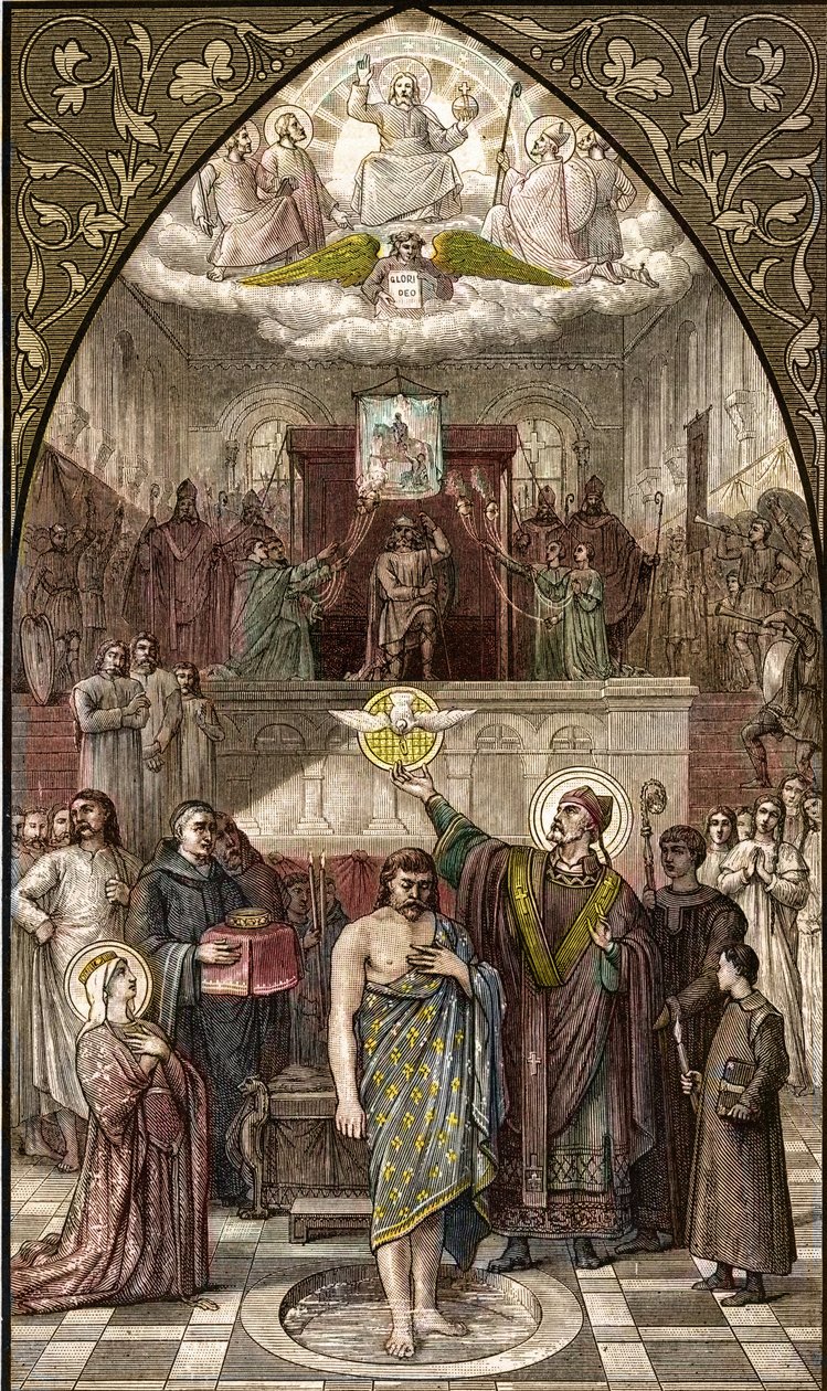 Szent Remigius megkereszteli Clovist Reimsben - I. Clovis Ferenc (466-511) királyának Reimsben megkeresztelkedése Saint Remi Éva által 496.12.25-én (vagy 499-én) - metszet Desire Francois Laugee festménye után alkotó: Desire Francois Laugee