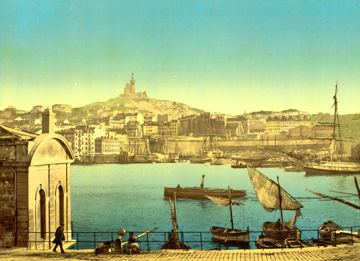 Notre Dame de la Garde a Quai de la Joilette-ről, Marseille, 1890-1900 körül (fotokróm nyomat)Franciaország, alkotó: Detroit Publishing Co.
