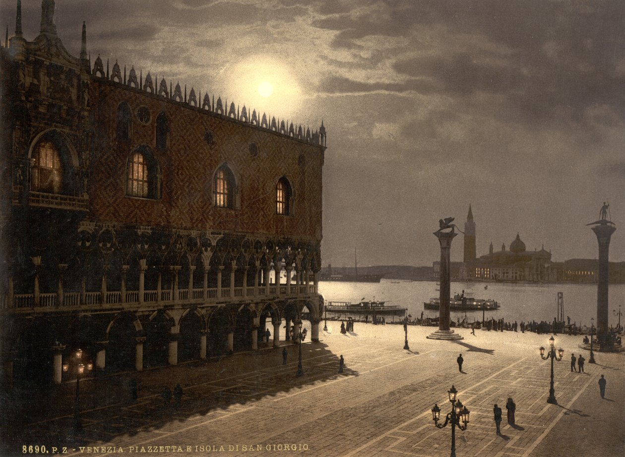 Piazzetta és San Georgio holdfényben, Velence, Olaszország, 1890-1900 körül (fotokróm) alkotó: Detroit Publishing Co.