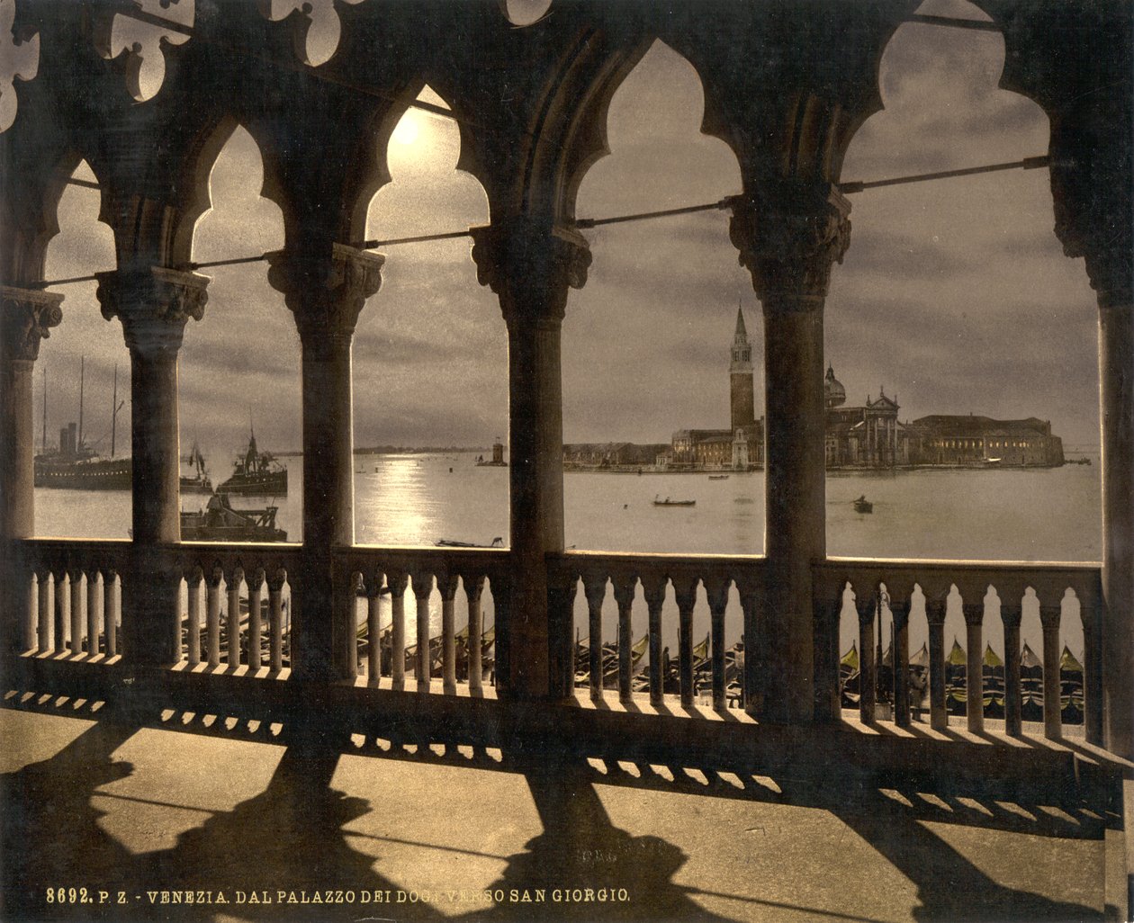 San Georgio a Dózse-palotából holdfényben, Velence, Olaszország, 1890-1900 körül (fotokróm) alkotó: Detroit Publishing Co.