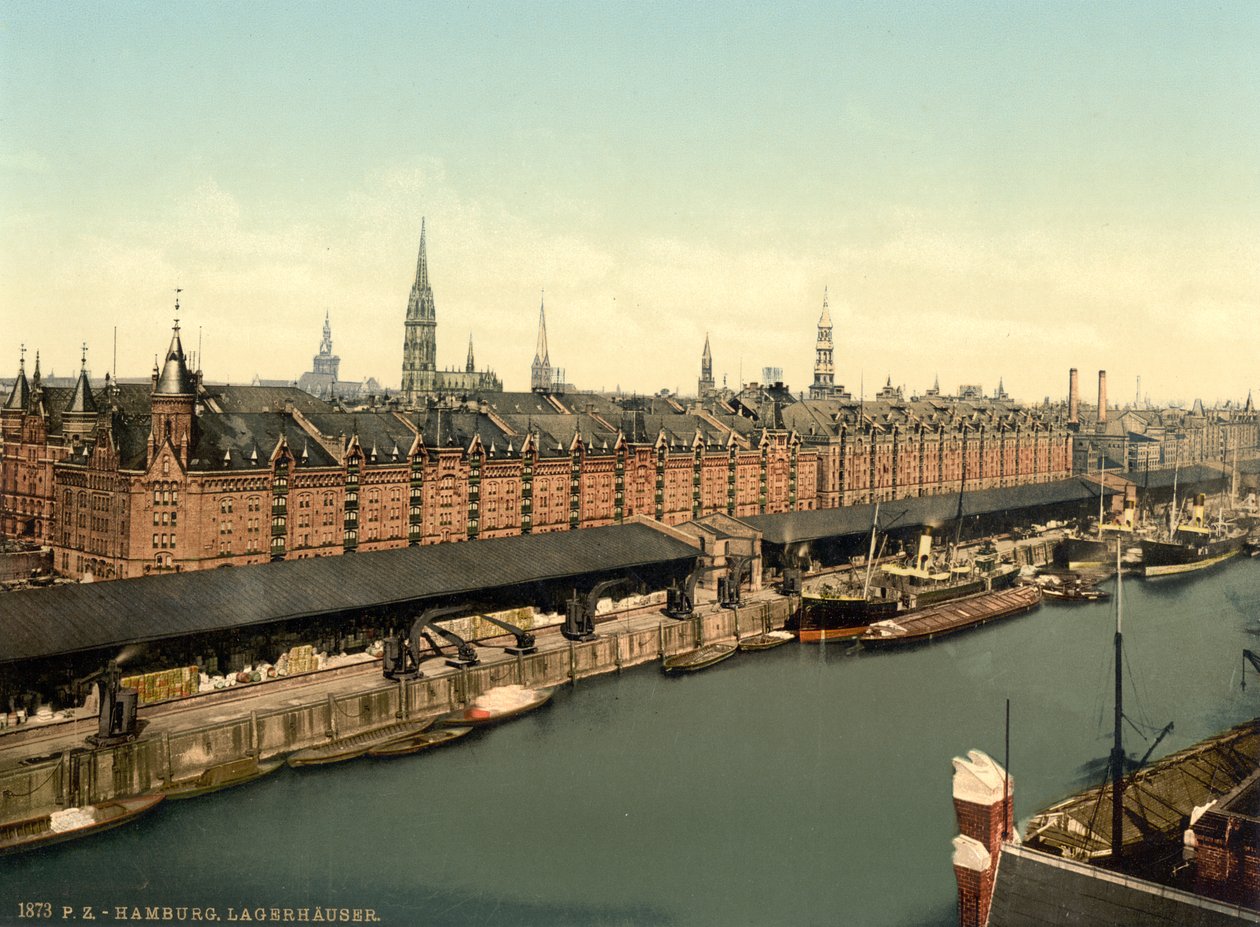 Raktárak a dokkban, Hamburg, Németország, Photochrome Print, 1900 körül alkotó: Detroit Publishing Co.