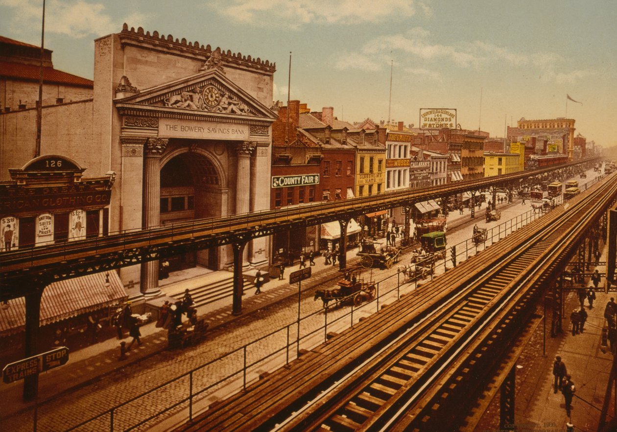 The Bowery, New York City, 1900 körül (photochrom) alkotó: Detroit Publishing Co.
