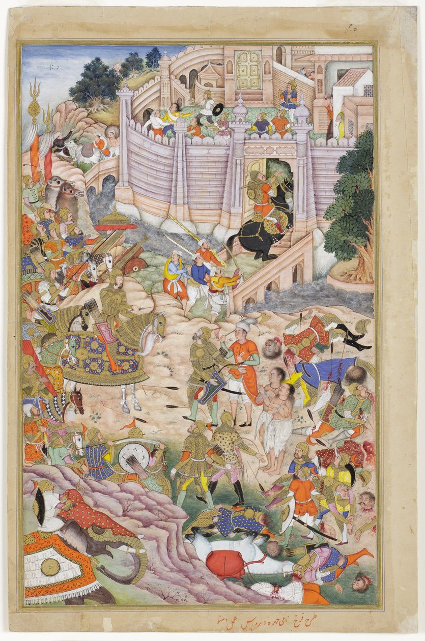 Babur csapatai elfoglalják a kabuli erődöt, 1590-1600 körül (átlátszatlan wc és arany, papír) alkotó: Dhannu, and Dharmdas Farrukh